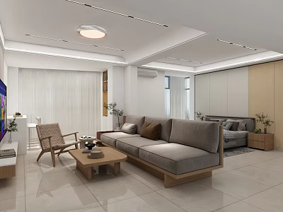 Modern Apartment Living Room Interior With Gray Sofa Wooden Coffee Table And Plants 3d model