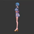 Anime Girl Character Wearing Floral Kimono With Purple Obi And Blue Hair