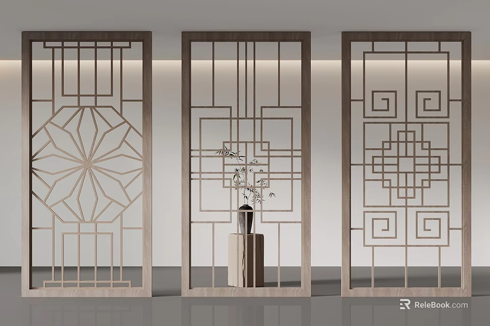 Chinese Style Decorative Screens With Geometric Patterns And Central Vase 3d model