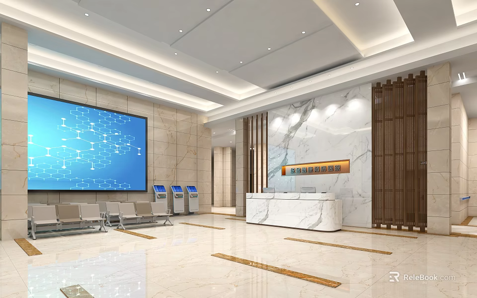 Modern Reception Hall Interior With Blue Data Screen Marble Desk And Waiting Chairs 3d model