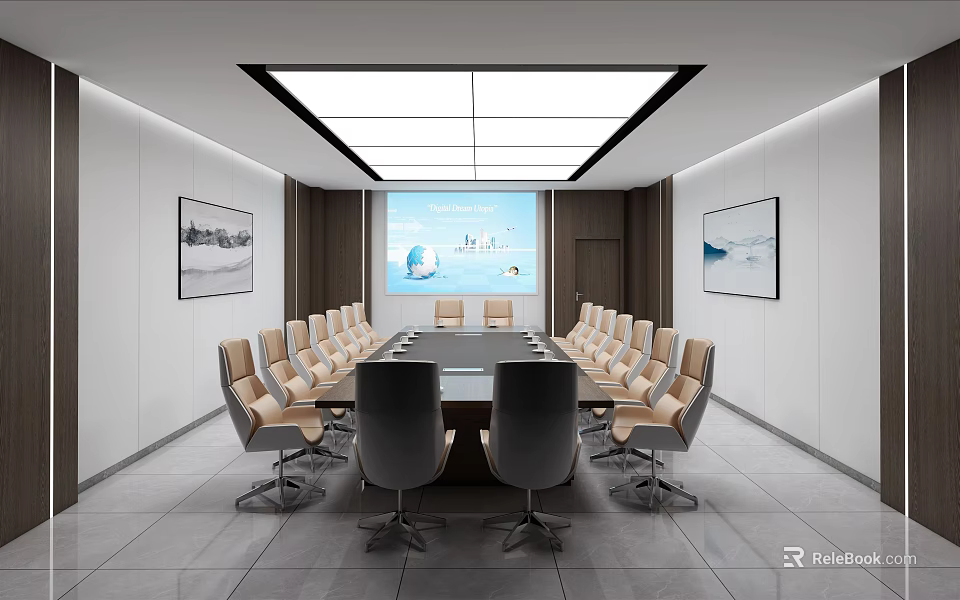 Modern Conference Room With Long Table Leather Chairs Large Screen And Ceiling Lights 3d model