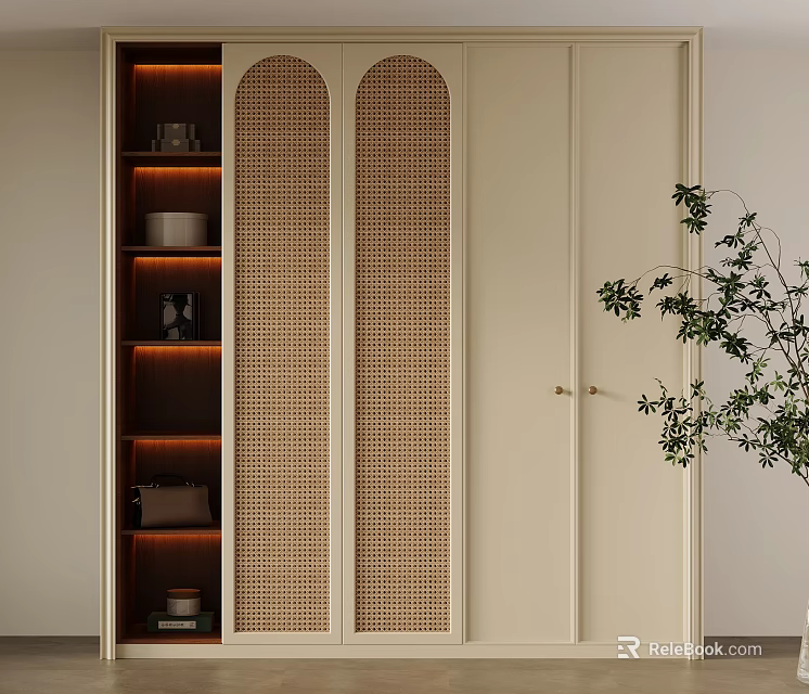 Modern Elegant Wardrobe With Ivory White Rattan Panel Doors Warm LED Lighting And Potted Plant 3d model 