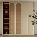 Modern Elegant Wardrobe With Ivory White Rattan Panel Doors Warm LED Lighting And Potted Plant