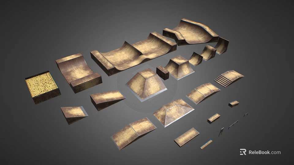 Skatepark Modules With Various Shapes Ramps Platforms Stairs And Wooden Brown Metal Components 3d model 