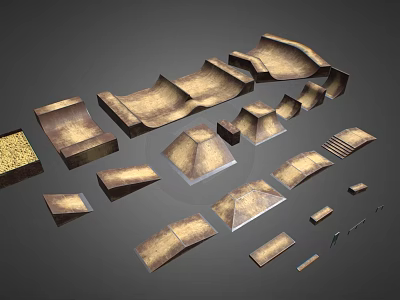 Skatepark Modules With Various Shapes Ramps Platforms Stairs And Wooden Brown Metal Components 3d model