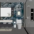 Modern Bathroom Interior With Marble Wall Shower Enclosure Vanity Mirror And Storage Shelves