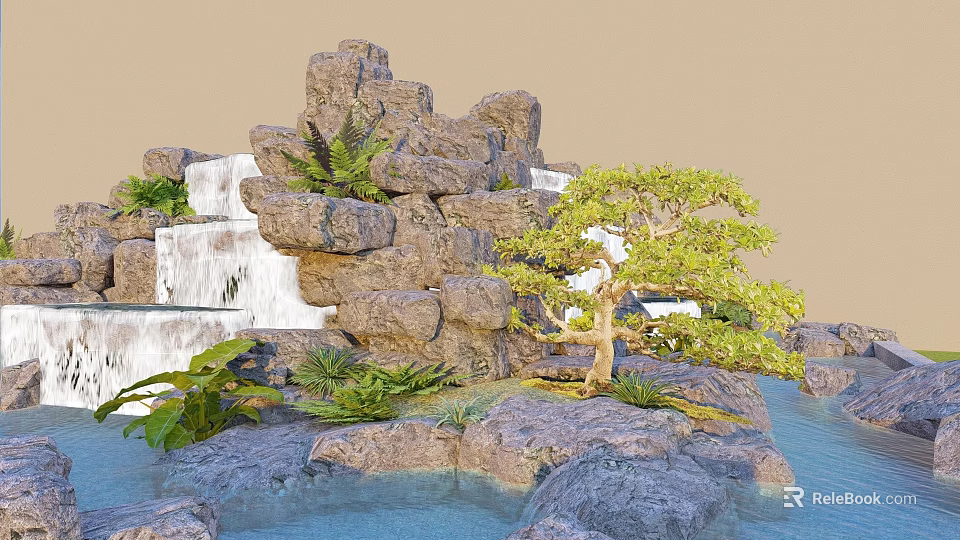 Natural Rock Waterfall Landscape With Bonsai Tree Small Pond And Green Plants 3d model 