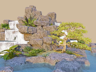 Natural Rock Waterfall Landscape With Bonsai Tree Small Pond And Green Plants 3d model
