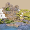 Natural Rock Waterfall Landscape With Bonsai Tree Small Pond And Green Plants