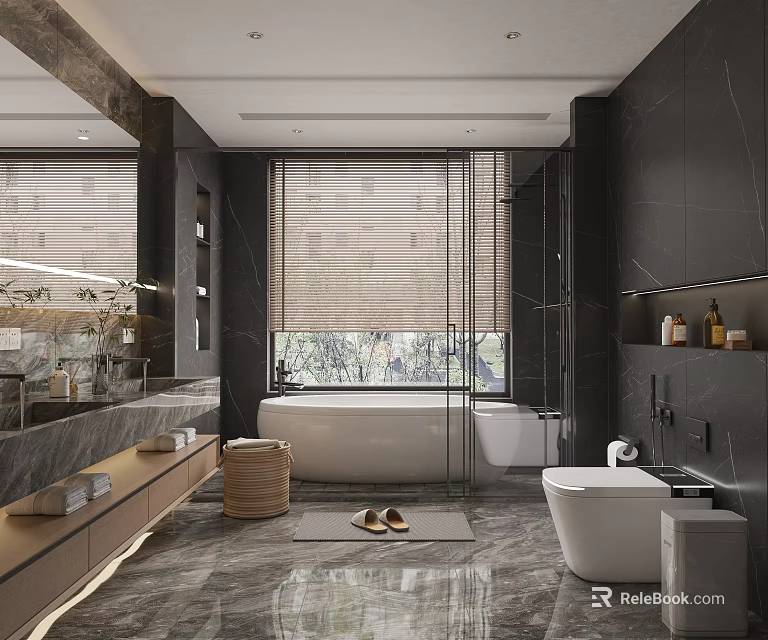 Modern Bathroom Interior Design With Dark Marble Walls Large Windows Blinds Bathtub And Double Vanity 3d model 