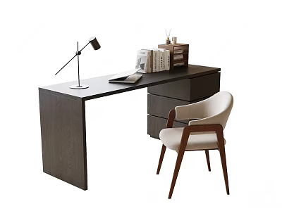 Dark Wood Desk With Table Lamp Books And Tray Accompanied By Comfortable Chair 3d model