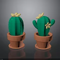 Two Green Cacti in Orange Pots with Yellow Flowers as Decorative Plants