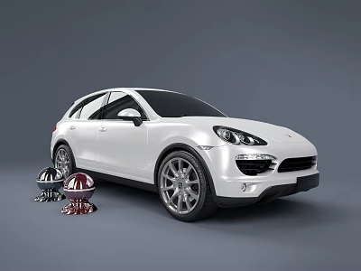 White SUV Car With Silver And Red Helmets Parked Beside It 3d model
