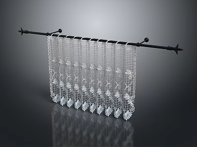 Decorative Beaded Curtain With White Floral Patterns On Black Hanging Rod 3d model