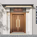 Elegant Facade Entrance With Bronze Double Doors Carved Plaque Side Window Light Stone Wall Steps