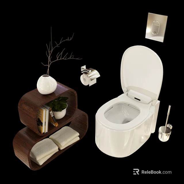 Modern White Toilet With Open Lid Wooden Shelf Green Plant Vase And Towels 3d model 