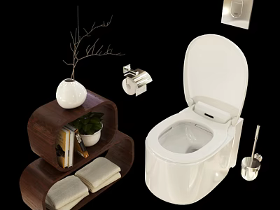 Modern White Toilet With Open Lid Wooden Shelf Green Plant Vase And Towels 3d model