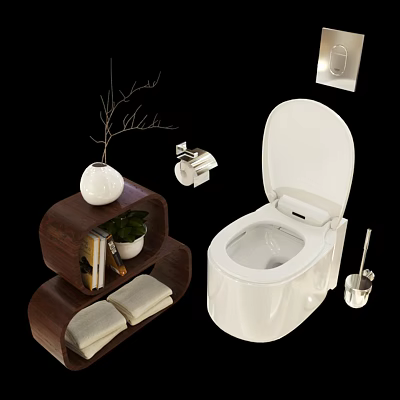 Modern White Toilet With Open Lid Wooden Shelf Green Plant Vase And Towels 3d model
