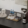 Home Coffee Corner Setup With Cups Glassware Tray Machine And Water Bottles 3d model