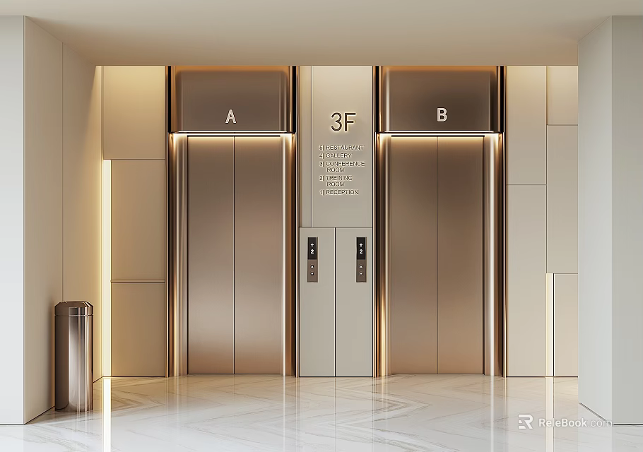 Modern Hotel Elevator Lobby Design With 3F Signage Metallic Doors And Warm Lighting 3d model 
