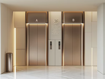 Modern Hotel Elevator Lobby Design With 3F Signage Metallic Doors And Warm Lighting 3d model