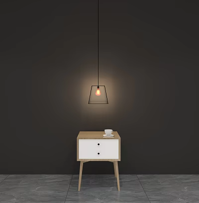 Modern Wooden White Bedside Table Design With Hanging Lamp And Cup On Top 3d model
