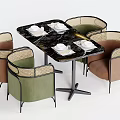 Modern Dining Table Set With Black Marble Top Green Brown Woven Backrest Chairs And Tableware 3d model