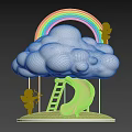 Colorful Kids Play Area With Rainbow Cloud Slide Ladder And Little Angels On Green Grass