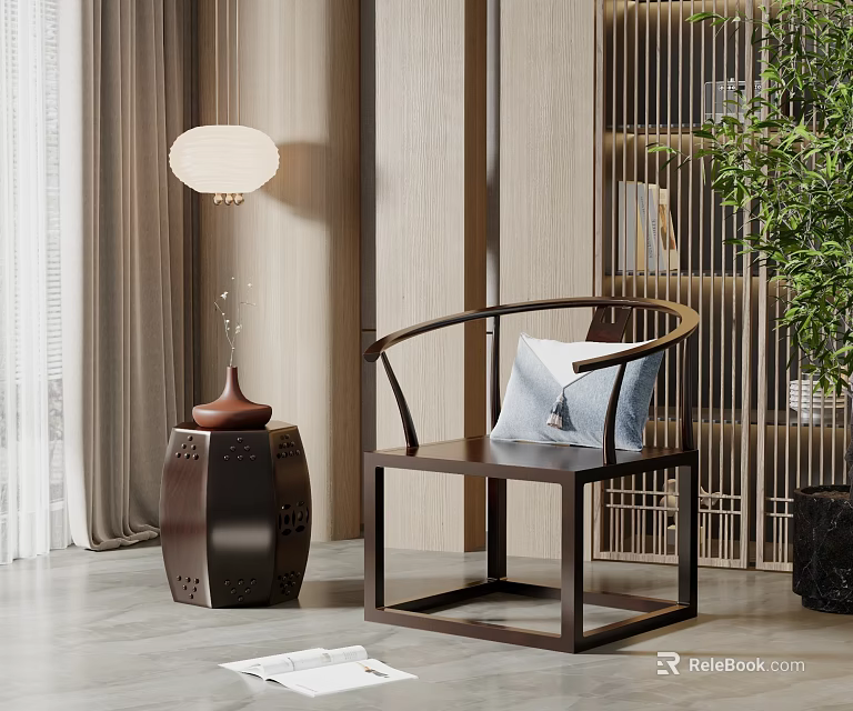 Modern Chinese Style Armchair With Decorative Pillow Brown Side Table And Green Plant 3d model 