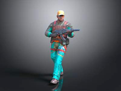 Military Style Character With Green Pants Colorful Accents Yellow Hard Hat Goggles Backpack And Rifle 3d model