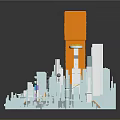 Detailed Cartoon City Scene Featuring Tall Orange Tower And Blue Surrounding Buildings