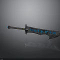 Decorative Broad Sword with Blue Engravings Yellow Handle Accents Metallic Texture Sharp Edge And Reflection