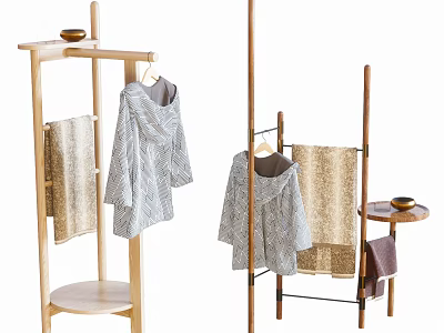 Simple Modern Wooden Clothes Rack With Hanging Clothes Towels And Floor Standing Design 3d model