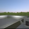 Industrial Factory Water Storage Facility With Metal Railing And Green Trees Background