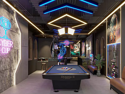 Modern Stylish Billiard Room Interior With Neon Lights Billiard Table Comfortable Seating And Decorative Walls 3d model