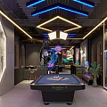 Modern Stylish Billiard Room Interior With Neon Lights Billiard Table Comfortable Seating And Decorative Walls