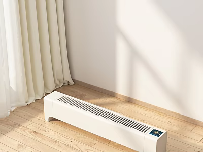 White Baseboard Electric Heater in Room Corner on Wooden Floor with Sunlight and White Curtains 3d model