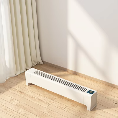 White Baseboard Electric Heater in Room Corner on Wooden Floor with Sunlight and White Curtains 3d model