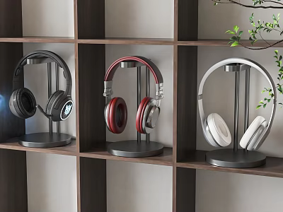 Modern Headphones In Black Red White With Stands On Wooden Shelf 3d model
