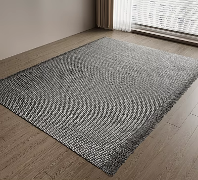 Square Gray Woven Rug With Fringe Edges On Wooden Floor In Bright Interior 3d model