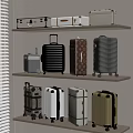 Various Style Suitcases on Wall Mounted Shelves with Different Colors and Wheels in Bright Room
