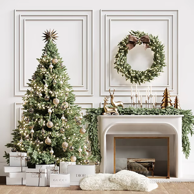 Christmas Decorative Ornament Set With Tree Wreath Fireplace Reindeer And Gifts 3d model 