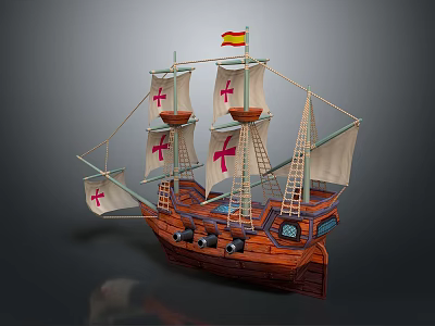 Wooden Sailing Ship Model With Red Cross Sails And Decorative Flag 3d model