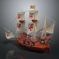 Wooden Sailing Ship Model With Red Cross Sails And Decorative Flag