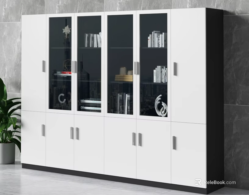 Modern White Bookcase With Glass Doors And Storage Cabinets For Books And Decorative Items 3d model 