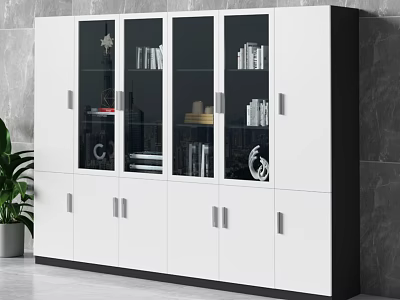Modern White Bookcase With Glass Doors And Storage Cabinets For Books And Decorative Items 3d model