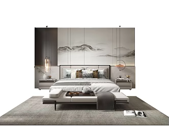 New Chinese Background Double Bed Combination 3d model