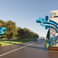 Blue Wave Design Entrance Gate With Trees On Both Sides And Cars On Road