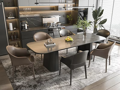 Modern Dining Table Set With Marble Top Chairs Fruit Platter And Green Plants In Kitchen 3d model