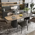 Modern Dining Table Set With Marble Top Chairs Fruit Platter And Green Plants In Kitchen